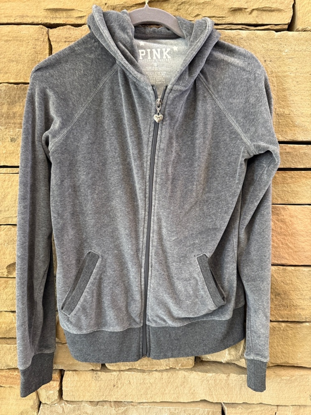 PINK Victoria's Secret Gray Velour Zip Hoodie “The Pinks Love Rocking ‘86 Tour”
